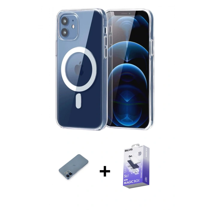 MARSİLYAN™- iPhone 12 Kılıf Ahenk Minimal Serisi - Siyah Bilvis 5in1 5D Magic Hayalet Cam Ekran Koruyucu + Metal Kamera Lens Koruma Cam - MI