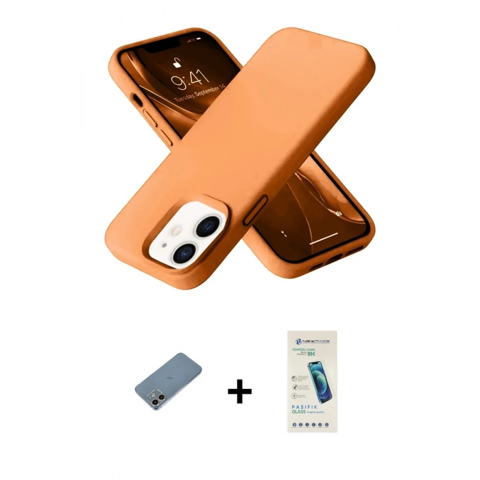 MARSİLYAN™- iPhone 12 Kılıf Ahenk Serisi - Şeffaf Pasifik Cam Ekran Koruyucu + Shine Kamera Lens Koruma Cam - GI