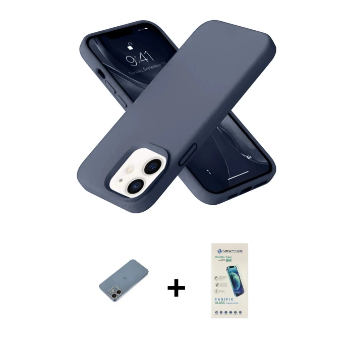 MARSİLYAN™- iPhone 12 Kılıf Ahenk Serisi - Şeffaf Pasifik Cam Ekran Koruyucu + Shine Kamera Lens Koruma Cam - GI
