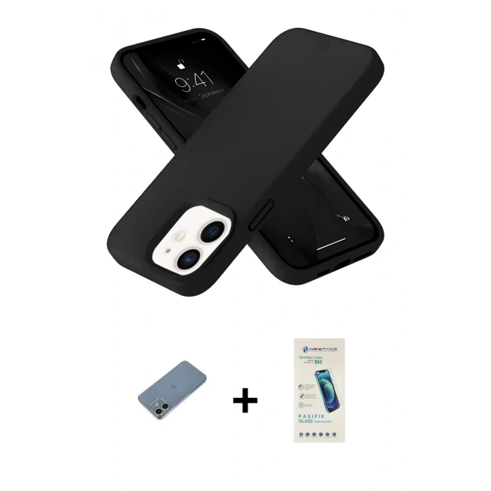 MARSİLYAN™- iPhone 12 Kılıf Ahenk Serisi - Şeffaf Pasifik Cam Ekran Koruyucu + Shine Kamera Lens Koruma Cam - GI