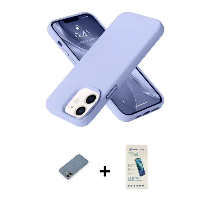 MARSİLYAN™- iPhone 12 Kılıf Ahenk Serisi - Şeffaf Pasifik Cam Ekran Koruyucu + Metal Kamera Lens Koruma Cam - GD