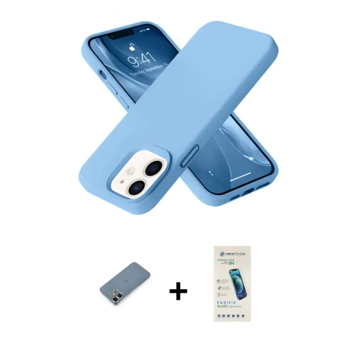 MARSİLYAN™- iPhone 12 Kılıf Ahenk Serisi - Şeffaf Pasifik Cam Ekran Koruyucu + Metal Kamera Lens Koruma Cam - GD