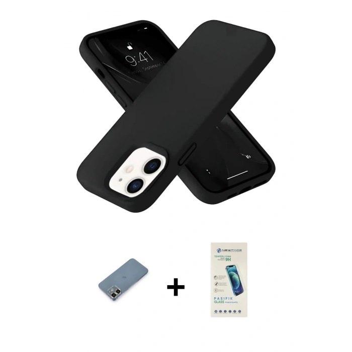 MARSİLYAN™- iPhone 12 Kılıf Ahenk Serisi - Şeffaf Pasifik Cam Ekran Koruyucu + Metal Kamera Lens Koruma Cam - GD