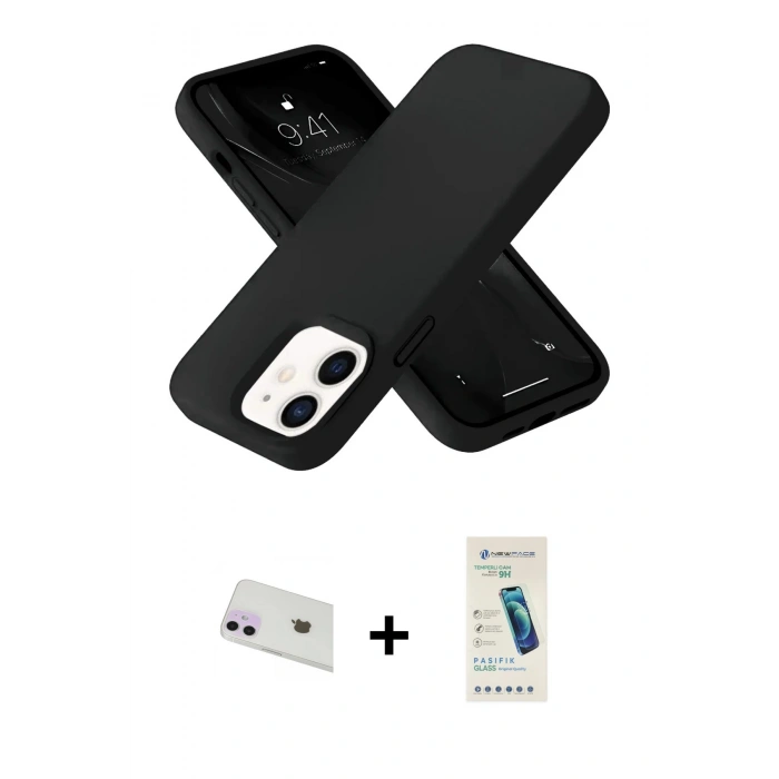 MARSİLYAN™- iPhone 12 Kılıf Ahenk Serisi - Şeffaf Pasifik Cam Ekran Koruyucu + Rainbow Kamera Lens Koruma Cam - MR