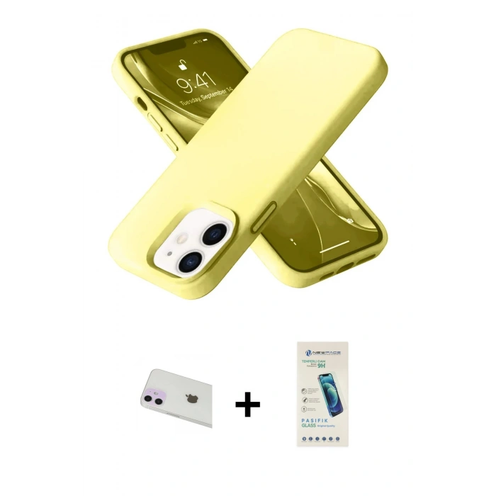 MARSİLYAN™- iPhone 12 Kılıf Ahenk Serisi - Şeffaf Pasifik Cam Ekran Koruyucu + Rainbow Kamera Lens Koruma Cam - MR
