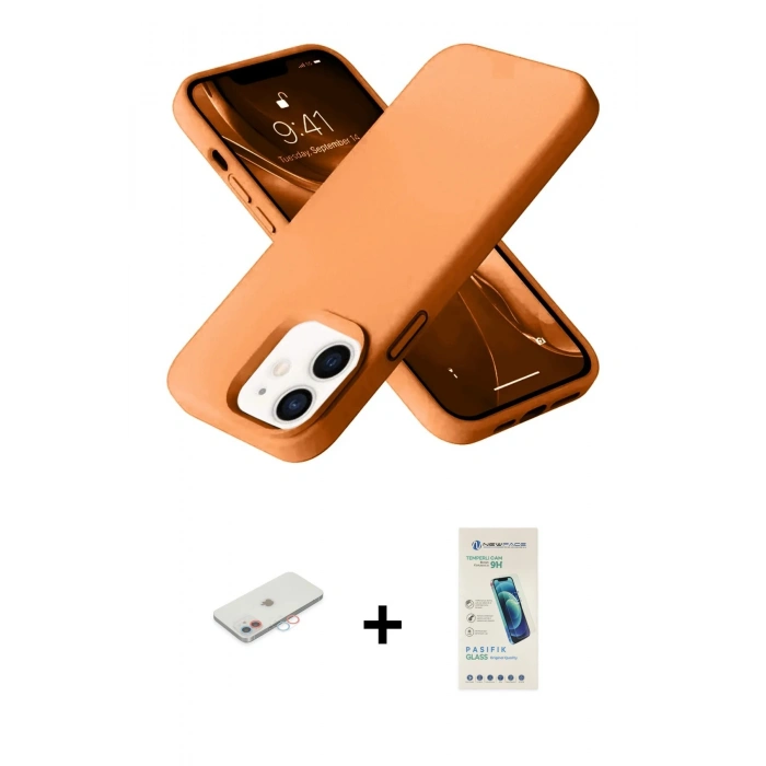 MARSİLYAN™- iPhone 12 Kılıf Ahenk Serisi - Şeffaf Pasifik Cam Ekran Koruyucu + Renkli Kamera Lens Koruma Cam - PE