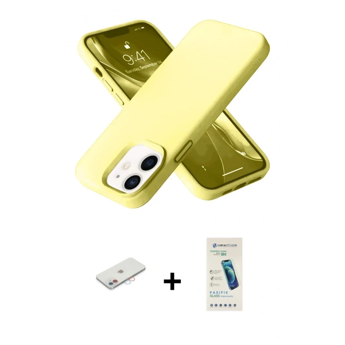 MARSİLYAN™- iPhone 12 Kılıf Ahenk Serisi - Şeffaf Pasifik Cam Ekran Koruyucu + Renkli Kamera Lens Koruma Cam - PE