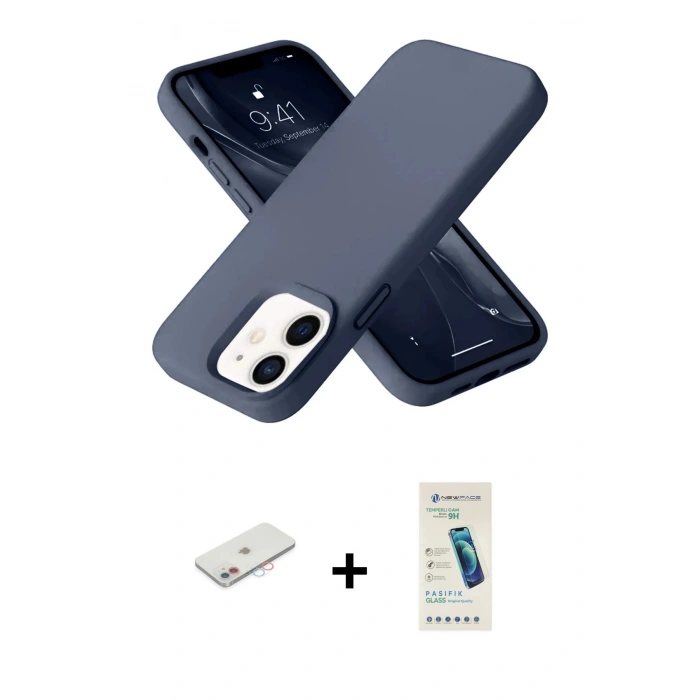 MARSİLYAN™- iPhone 12 Kılıf Ahenk Serisi - Şeffaf Pasifik Cam Ekran Koruyucu + Renkli Kamera Lens Koruma Cam - PE