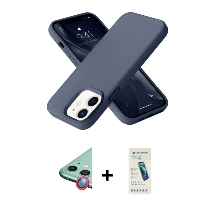 MARSİLYAN™- iPhone 12 Kılıf Ahenk Serisi - Şeffaf Pasifik Cam Ekran Koruyucu + Raze Metal Kamera Lens - KI