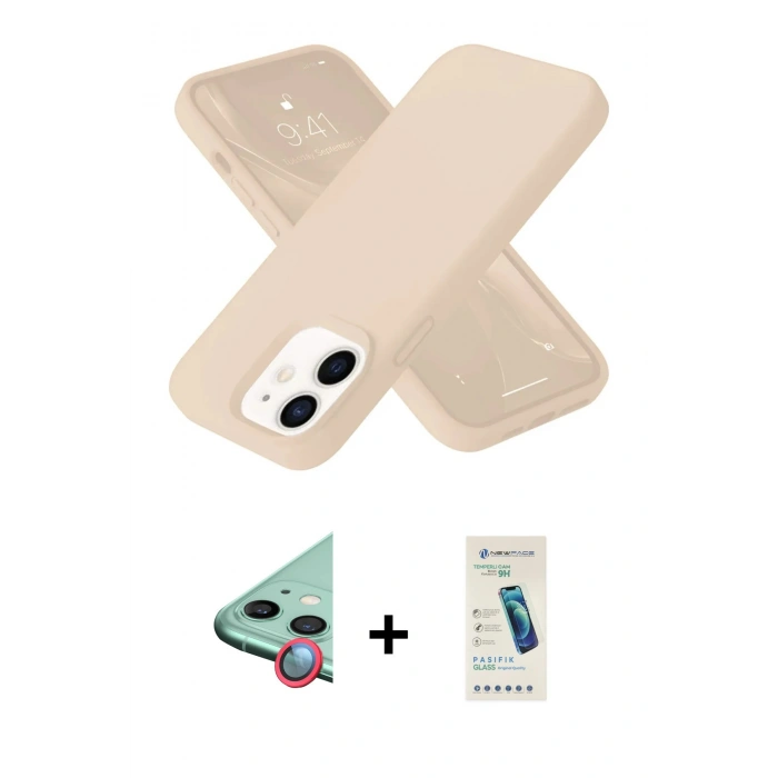 MARSİLYAN™- iPhone 12 Kılıf Ahenk Serisi - Şeffaf Pasifik Cam Ekran Koruyucu + Raze Metal Kamera Lens - KI