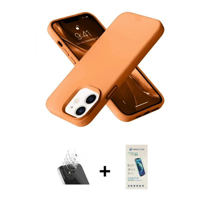 MARSİLYAN™- iPhone 12 Kılıf Ahenk Serisi - Şeffaf Pasifik Cam Ekran Koruyucu + Kamera Lens Koruma Cam - SF