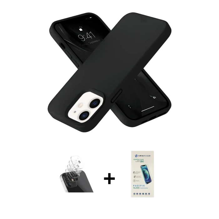 MARSİLYAN™- iPhone 12 Kılıf Ahenk Serisi - Şeffaf Pasifik Cam Ekran Koruyucu + Kamera Lens Koruma Cam - SF