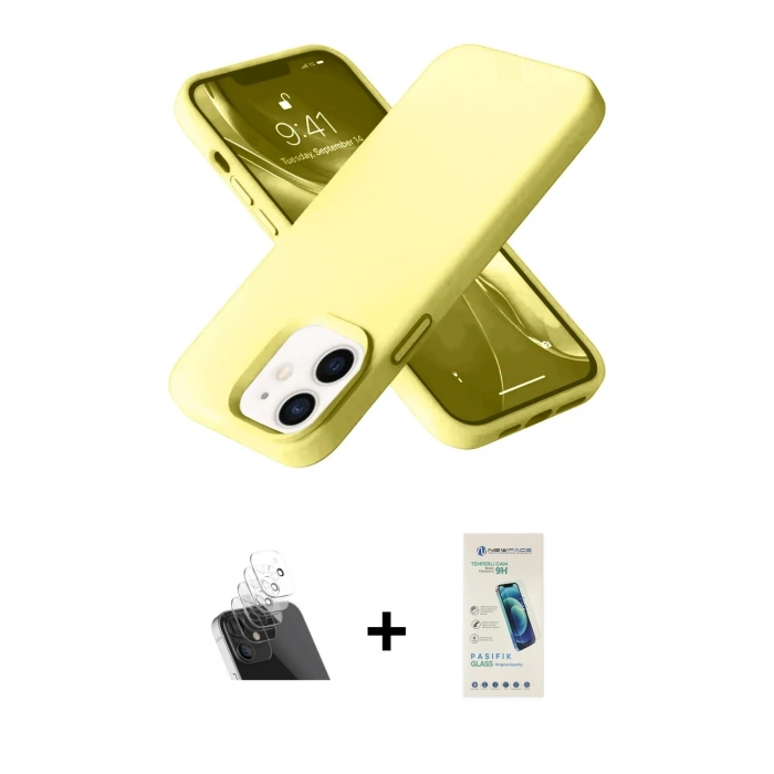 MARSİLYAN™- iPhone 12 Kılıf Ahenk Serisi - Şeffaf Pasifik Cam Ekran Koruyucu + Kamera Lens Koruma Cam - SF