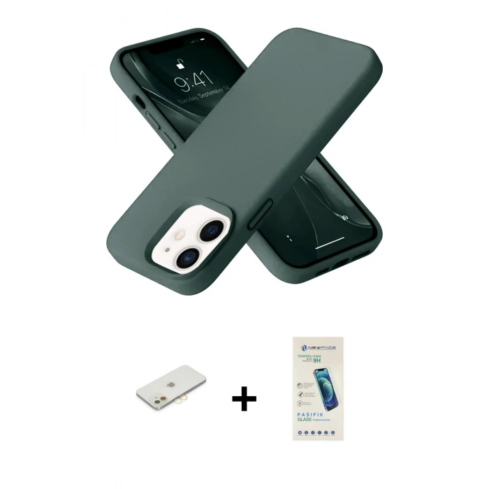 MARSİLYAN™- iPhone 12 Kılıf Ahenk Serisi - Şeffaf Pasifik Cam Ekran Koruyucu + Renkli Kamera Lens Koruma Cam - TU