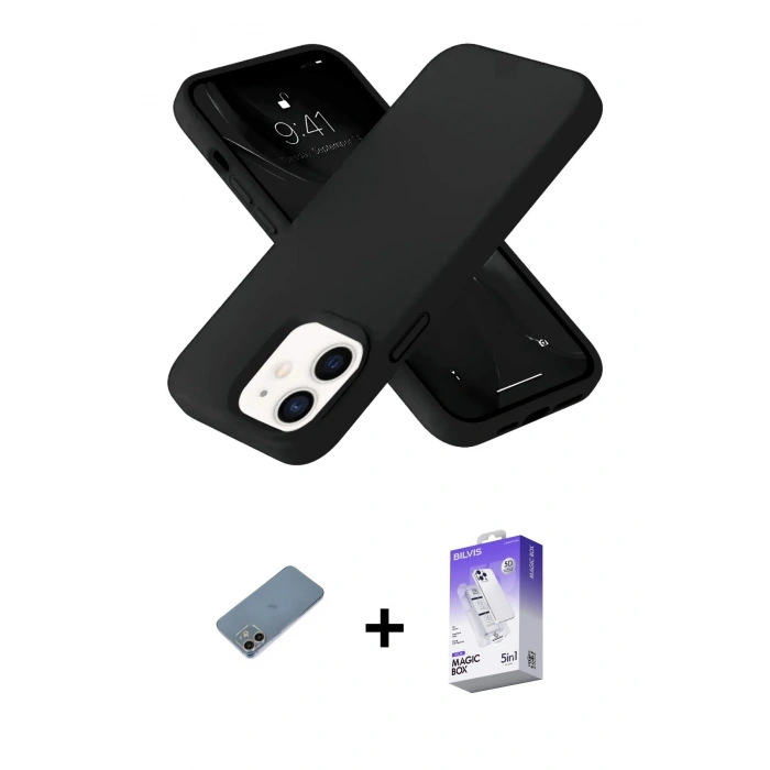 MARSİLYAN™- iPhone 12 Kılıf Ahenk Serisi - Siyah Bilvis 5in1 3D Magic Cam Ekran Koruyucu + Shine Kamera Lens Koruma Cam - GI