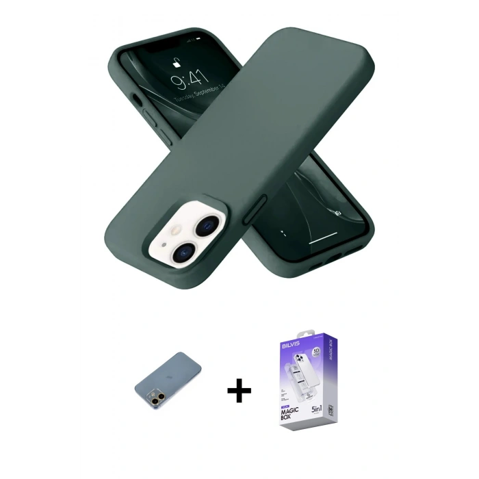MARSİLYAN™- iPhone 12 Kılıf Ahenk Serisi - Siyah Bilvis 5in1 3D Magic Cam Ekran Koruyucu + Shine Kamera Lens Koruma Cam - GD