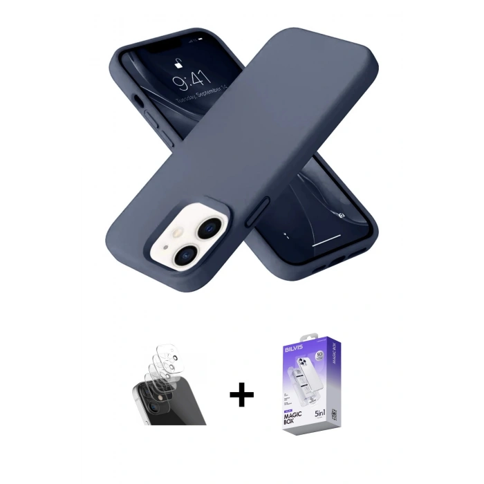 MARSİLYAN™- iPhone 12 Kılıf Ahenk Serisi - Siyah Bilvis 5in1 3D Magic Cam Ekran Koruyucu + Kamera Lens Koruma Cam - SF