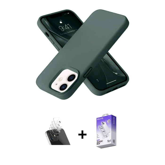 MARSİLYAN™- iPhone 12 Kılıf Ahenk Serisi - Siyah Bilvis 5in1 3D Magic Cam Ekran Koruyucu + Kamera Lens Koruma Cam - SF