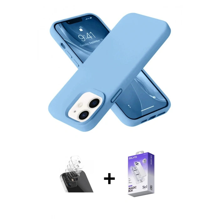 MARSİLYAN™- iPhone 12 Kılıf Ahenk Serisi - Siyah Bilvis 5in1 3D Magic Cam Ekran Koruyucu + Kamera Lens Koruma Cam - SF