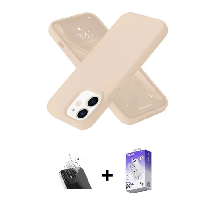 MARSİLYAN™- iPhone 12 Kılıf Ahenk Serisi - Siyah Bilvis 5in1 3D Magic Cam Ekran Koruyucu + Kamera Lens Koruma Cam - SF