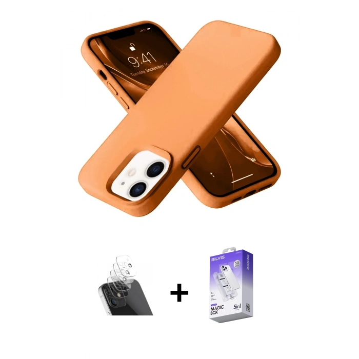 MARSİLYAN™- iPhone 12 Kılıf Ahenk Serisi - Siyah Bilvis 5in1 3D Magic Cam Ekran Koruyucu + Kamera Lens Koruma Cam - SF