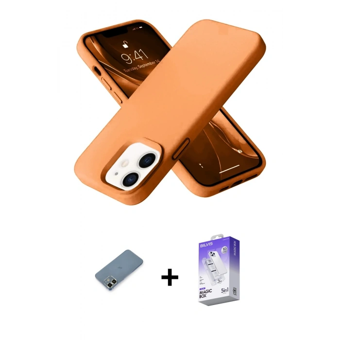 MARSİLYAN™- iPhone 12 Kılıf Ahenk Serisi - Siyah Bilvis 5in1 3D Magic Cam Ekran Koruyucu + Metal Kamera Lens Koruma Cam - AKYL
