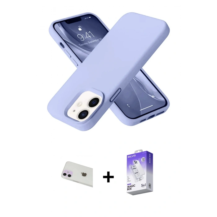 MARSİLYAN™- iPhone 12 Kılıf Ahenk Serisi - Siyah Bilvis 5in1 3D Magic Cam Ekran Koruyucu + Mor Rainbow Kamera Lens Koruma Cam
