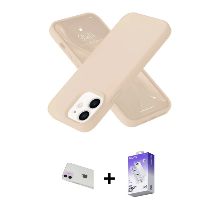 MARSİLYAN™- iPhone 12 Kılıf Ahenk Serisi - Siyah Bilvis 5in1 3D Magic Cam Ekran Koruyucu + Mor Rainbow Kamera Lens Koruma Cam