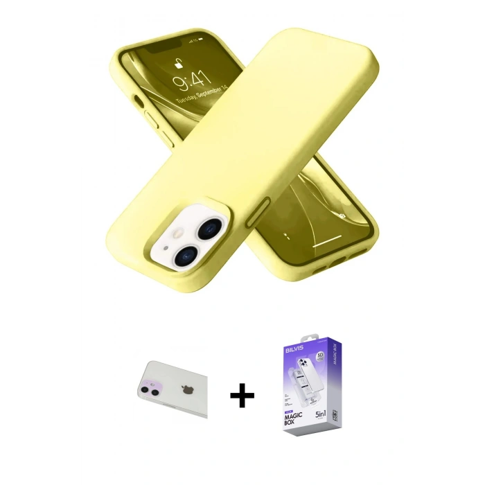 MARSİLYAN™- iPhone 12 Kılıf Ahenk Serisi - Siyah Bilvis 5in1 3D Magic Cam Ekran Koruyucu + Rainbow Kamera Lens Koruma Cam - MR