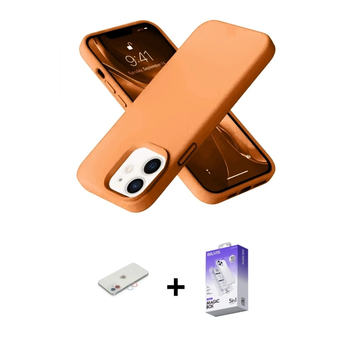 MARSİLYAN™- iPhone 12 Kılıf Ahenk Serisi - Siyah Bilvis 5in1 3D Magic Cam Ekran Koruyucu + Renkli Kamera Lens Koruma Cam - PE