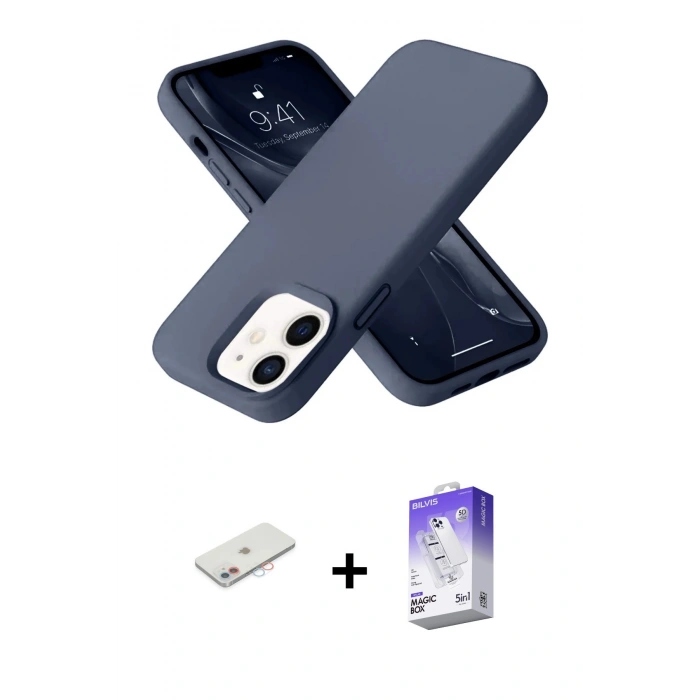 MARSİLYAN™- iPhone 12 Kılıf Ahenk Serisi - Siyah Bilvis 5in1 3D Magic Cam Ekran Koruyucu + Renkli Kamera Lens Koruma Cam - PE