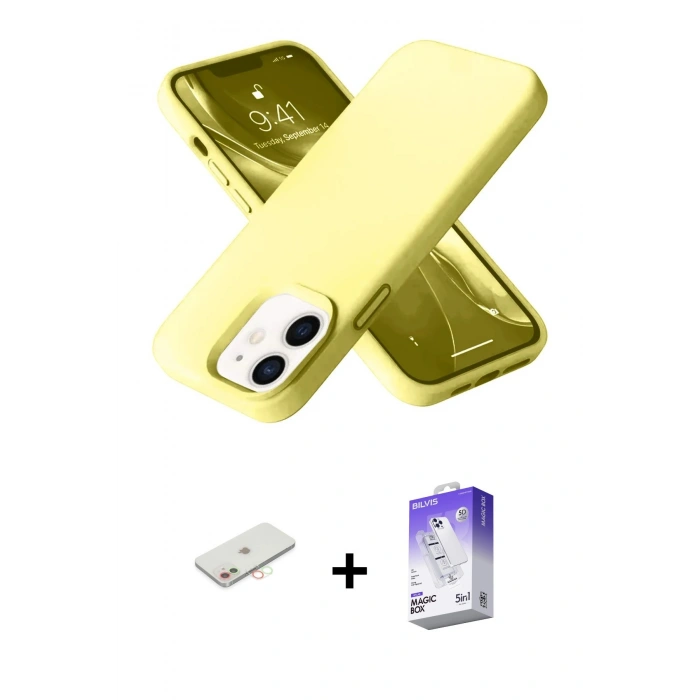 MARSİLYAN™- iPhone 12 Kılıf Ahenk Serisi - Siyah Bilvis 5in1 3D Magic Cam Ekran Koruyucu + Renkli Kamera Lens Koruma Cam - YL