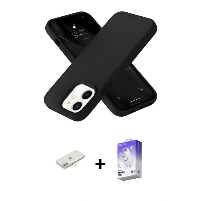 MARSİLYAN™- iPhone 12 Kılıf Ahenk Serisi - Siyah Bilvis 5in1 3D Magic Cam Ekran Koruyucu + Renkli Kamera Lens Koruma Cam - YL