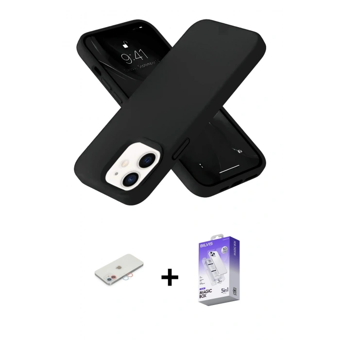 MARSİLYAN™- iPhone 12 Kılıf Ahenk Serisi - Siyah Bilvis 5in1 3D Magic Cam Ekran Koruyucu + Renkli Kamera Lens Koruma Cam - PE
