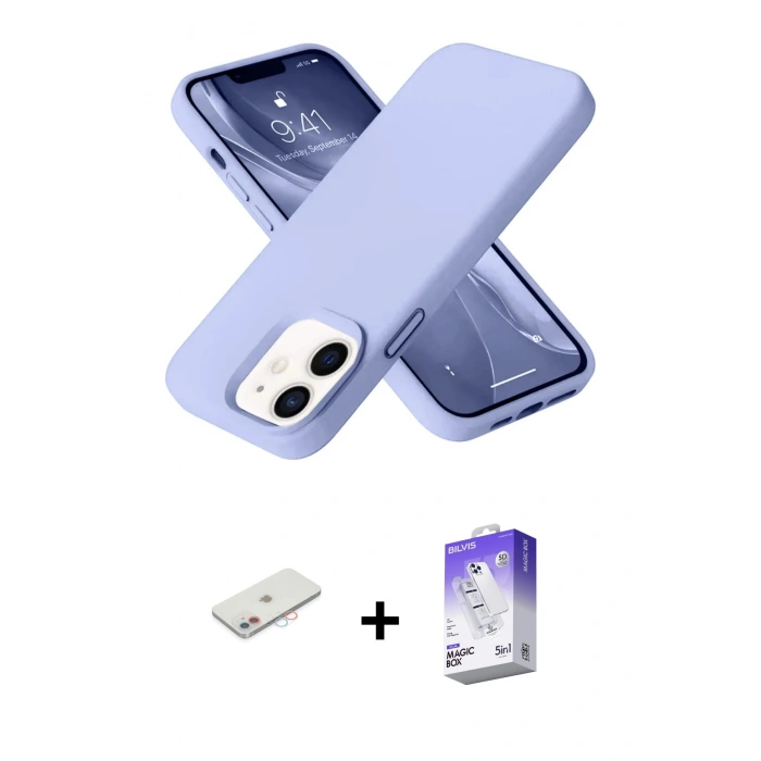 MARSİLYAN™- iPhone 12 Kılıf Ahenk Serisi - Siyah Bilvis 5in1 3D Magic Cam Ekran Koruyucu + Renkli Kamera Lens Koruma Cam - PE