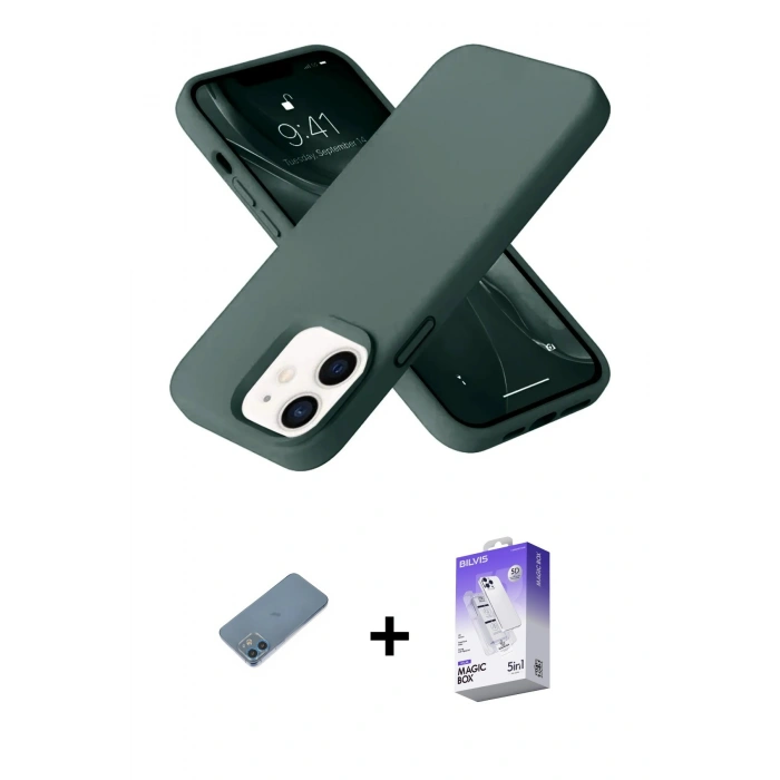 MARSİLYAN™- iPhone 12 Kılıf Ahenk Serisi - Siyah Bilvis 5in1 3D Magic Cam Ekran Koruyucu + Shine Kamera Lens Koruma Cam - MI
