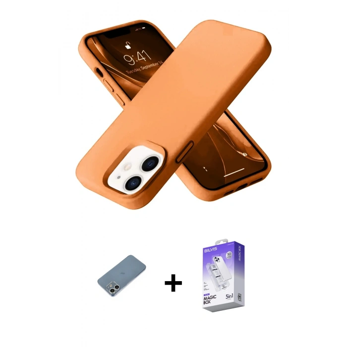 MARSİLYAN™- iPhone 12 Kılıf Ahenk Serisi - Siyah Bilvis 5in1 3D Magic Cam Ekran Koruyucu + Shine Kamera Lens Koruma Cam - GS