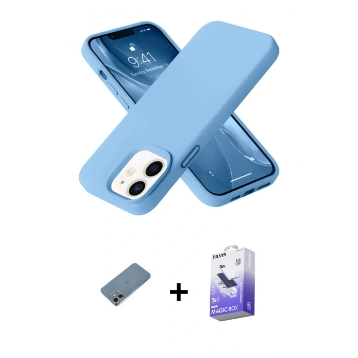 MARSİLYAN™- iPhone 12 Kılıf Ahenk Serisi - Siyah Bilvis 5in1 5D Magic Hayalet Cam Ekran Koruyucu + Shine Kamera Lens Koruma Cam - GI