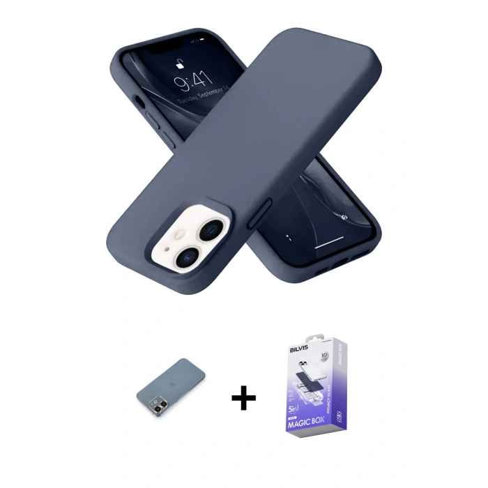 MARSİLYAN™- iPhone 12 Kılıf Ahenk Serisi - Siyah Bilvis 5in1 5D Magic Hayalet Cam Ekran Koruyucu + Metal Kamera Lens Koruma Cam - GD
