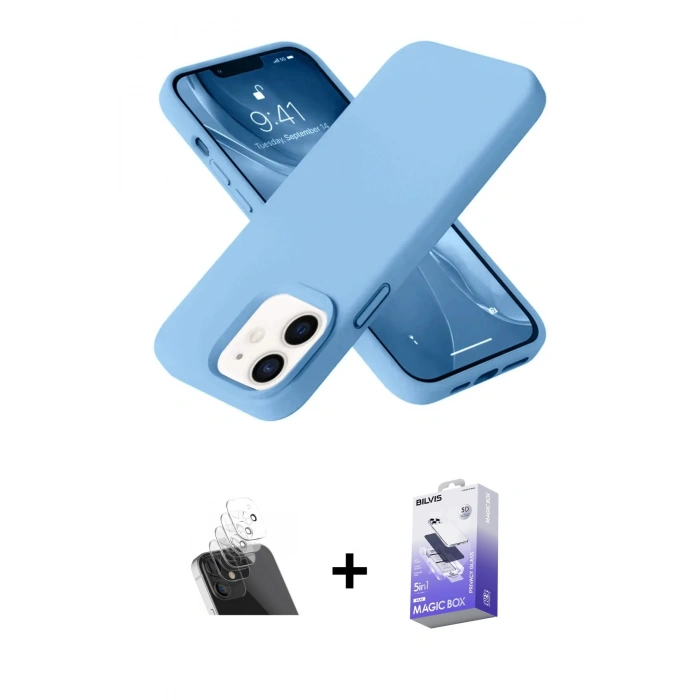 MARSİLYAN™- iPhone 12 Kılıf Ahenk Serisi - Siyah Bilvis 5in1 5D Magic Hayalet Cam Ekran Koruyucu + Kamera Lens Koruma Cam - SF