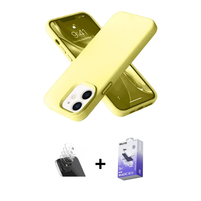 MARSİLYAN™- iPhone 12 Kılıf Ahenk Serisi - Siyah Bilvis 5in1 5D Magic Hayalet Cam Ekran Koruyucu + Kamera Lens Koruma Cam - SF