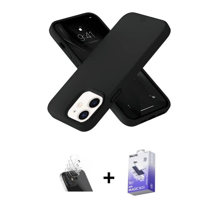 MARSİLYAN™- iPhone 12 Kılıf Ahenk Serisi - Siyah Bilvis 5in1 5D Magic Hayalet Cam Ekran Koruyucu + Kamera Lens Koruma Cam - SF