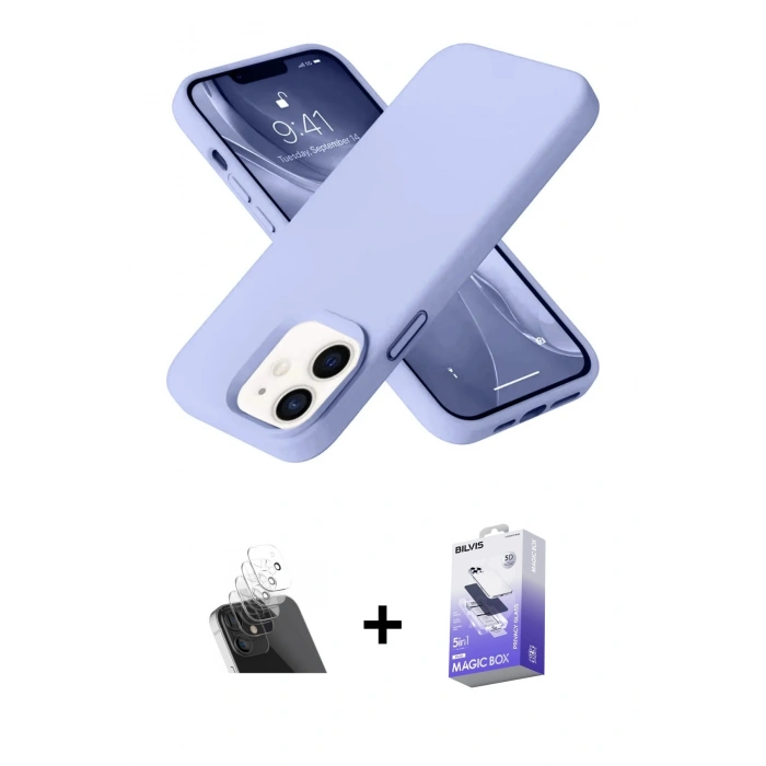 MARSİLYAN™- iPhone 12 Kılıf Ahenk Serisi - Siyah Bilvis 5in1 5D Magic Hayalet Cam Ekran Koruyucu + Kamera Lens Koruma Cam - SF