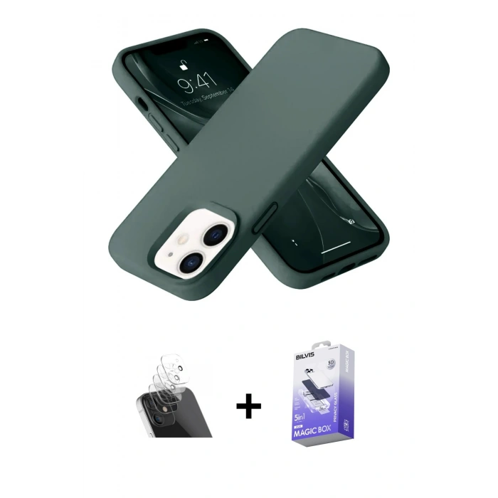 MARSİLYAN™- iPhone 12 Kılıf Ahenk Serisi - Siyah Bilvis 5in1 5D Magic Hayalet Cam Ekran Koruyucu + Kamera Lens Koruma Cam - SF