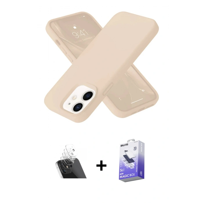 MARSİLYAN™- iPhone 12 Kılıf Ahenk Serisi - Siyah Bilvis 5in1 5D Magic Hayalet Cam Ekran Koruyucu + Kamera Lens Koruma Cam - SF