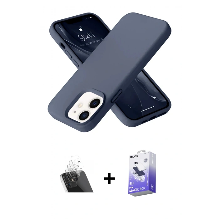 MARSİLYAN™- iPhone 12 Kılıf Ahenk Serisi - Siyah Bilvis 5in1 5D Magic Hayalet Cam Ekran Koruyucu + Kamera Lens Koruma Cam - SF