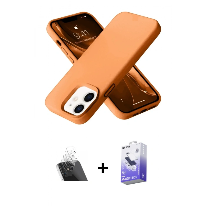 MARSİLYAN™- iPhone 12 Kılıf Ahenk Serisi - Siyah Bilvis 5in1 5D Magic Hayalet Cam Ekran Koruyucu + Kamera Lens Koruma Cam - SF