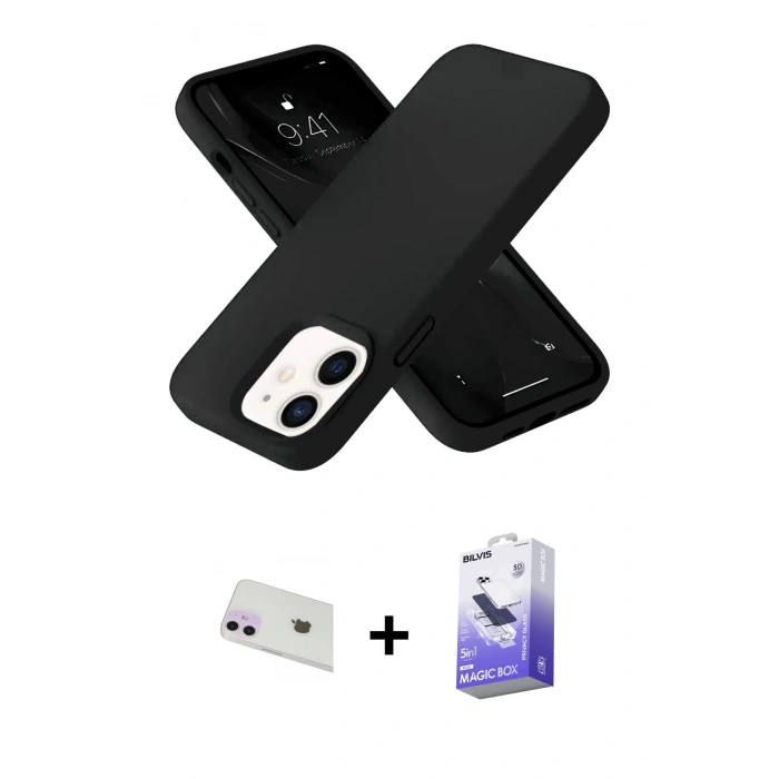 MARSİLYAN™- iPhone 12 Kılıf Ahenk Serisi - Siyah Bilvis 5in1 5D Magic Hayalet Cam Ekran Koruyucu + Mor Rainbow Kamera Lens Koruma Cam