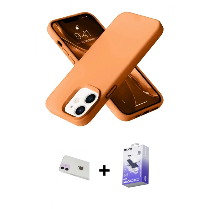 MARSİLYAN™- iPhone 12 Kılıf Ahenk Serisi - Siyah Bilvis 5in1 5D Magic Hayalet Cam Ekran Koruyucu + Mor Rainbow Kamera Lens Koruma Cam