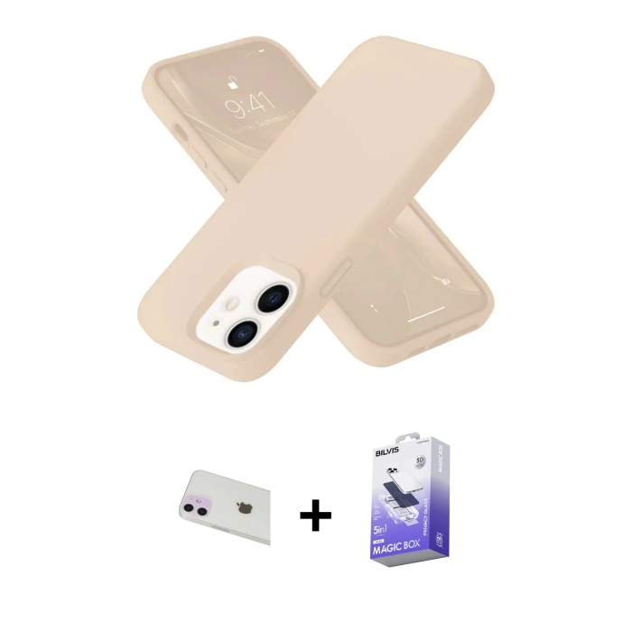 MARSİLYAN™- iPhone 12 Kılıf Ahenk Serisi - Siyah Bilvis 5in1 5D Magic Hayalet Cam Ekran Koruyucu + Mor Rainbow Kamera Lens Koruma Cam